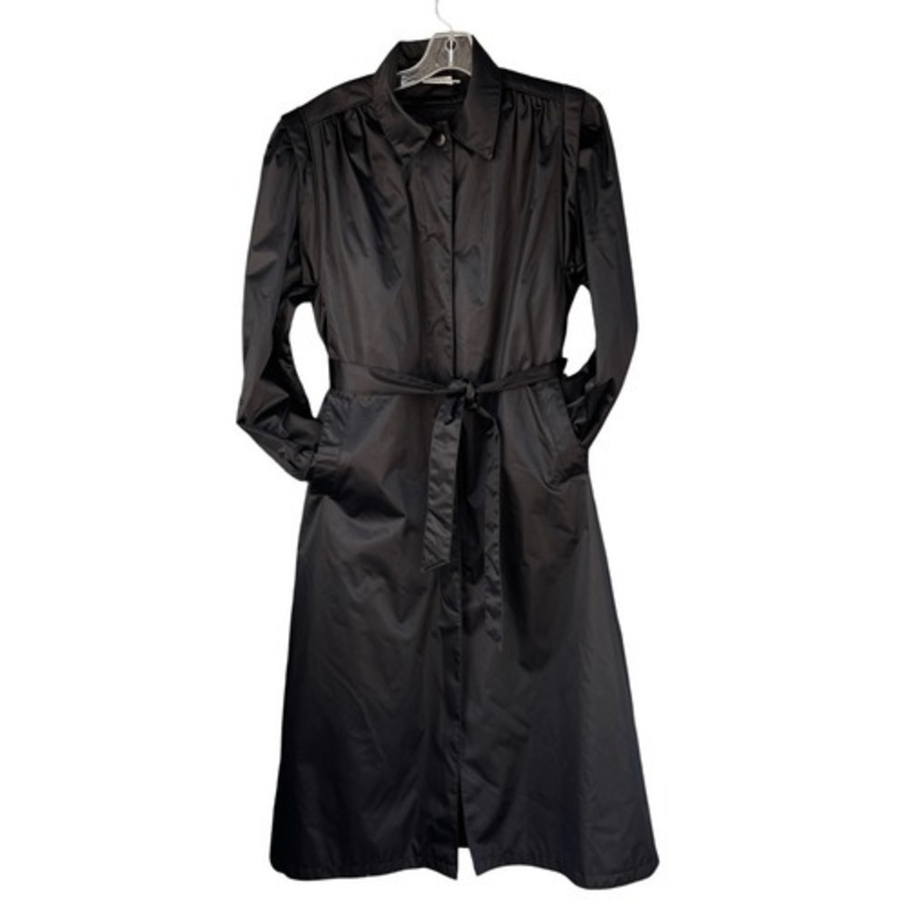 70s 80s Vintage British Mist Satin Black Long Trench Coat Belted Lining Romantic